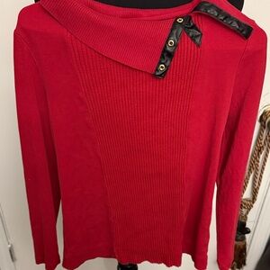 Red Sweater with Black Trim Button Detail